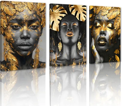 Miniatura 76 de MAMAGO Lienzo decorativo para pared, pintura de belleza dorada y negra, fotos de mujeres africanas, hermosos pósteres de mujer negra, impresiones