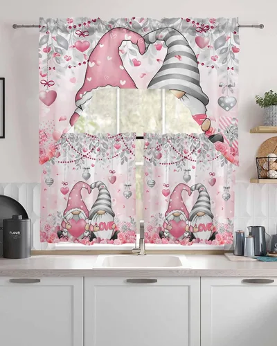 Miniatura 7 de Cortinas de Gnomos de San Valentín con Cenefa para Cocina, Cortinas con Bolsillo para Barra para Dormitorio, Sala de Estar, Baño, Cafetería, Negro