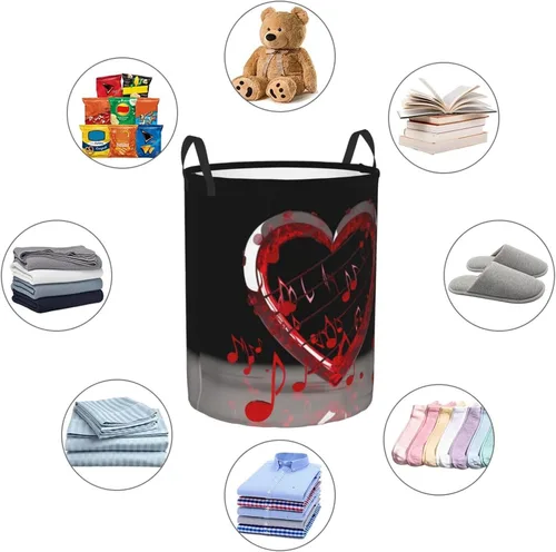 Miniatura 6 de Music Note Heart print Circular Hamper Waterproof Storage Bin Organizer Basket Laundry Hamper With Handles For Clothes Toys Small