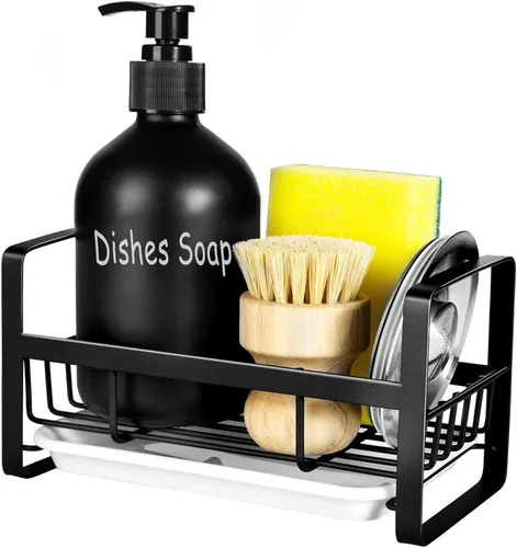 Miniatura 8 de TEZZ Soporte para esponjas de cocina, organizador de fregadero de acero inoxidable para guardar esponjas, cepillos y dispensador de jabón para Plata
