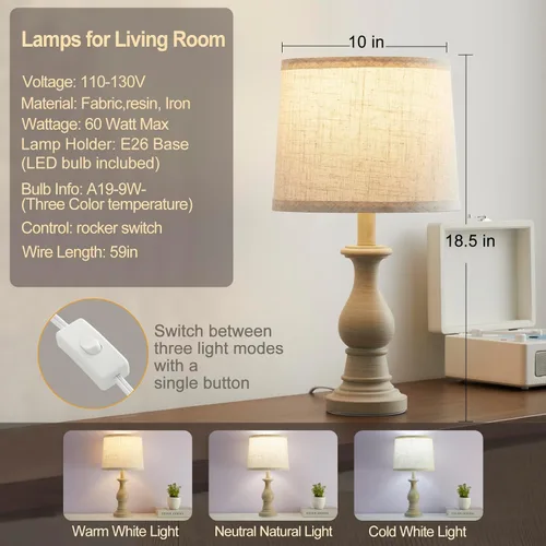 Miniatura 2 de Lámpara de Mesa Vintage para Sala de Estar Dormitorio, Lámpara de Noche de Granja de 18.5" para Mesita de Noche, Juego de 2 Lámparas de Mesa