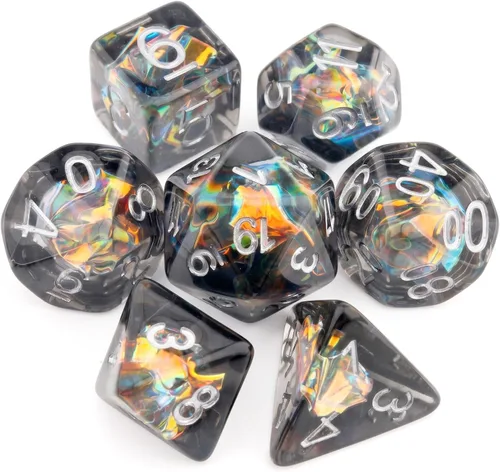 Miniatura 15 de Haxtec DND Conjunto de Dados 7 Piezas Conjunto de Dados de Resina Negro con Inclusión de Mylar Iridiscente Dados Poliédricos D&D