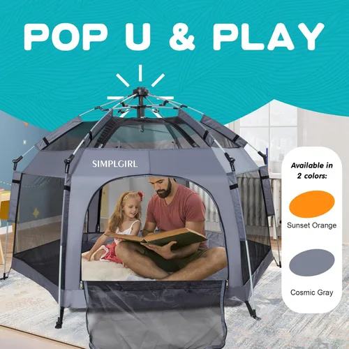Miniatura 3 de Corralito para bebés de alta calidad para puerta y exterior, portátil, ligero, paquete desplegable y patio de juegos con toldo y bolsa de viaje, Gris