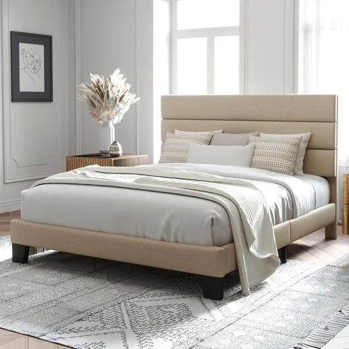 Miniatura 3 de Allewie - Base de cama de plataforma de tamaño matrimonial con cabecera tapizada de tela y soporte de listones de madera, base de colchón totalmente