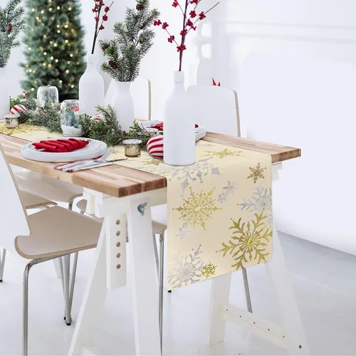 Miniatura 4 de Bonhause Camino de mesa con copos de nieve de invierno 13x72 pulgadas plateado y dorado, decoración de Navidad, invierno, vacaciones, cocina