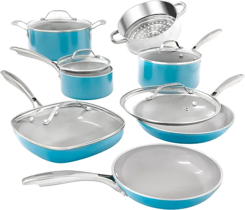 Gotham Steel Juego de ollas y sartenes azul aguamarina, 12 piezas de utensilios de cocina de cerámica antiadherente, incluye sartenes, ollas y