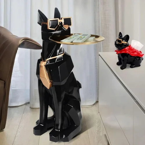 homary Moderna escultura de perro de resina geométrica estatua de pie linda mesa auxiliar bandeja auxiliar con almacenamiento de pañuelos (negro)