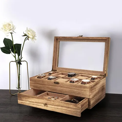 Miniatura 7 de Emfogo Caja de reloj funda de reloj con 10 ranuras para hombres y mujeres soporte de reloj de madera para hombres regalo para novio día del padre
