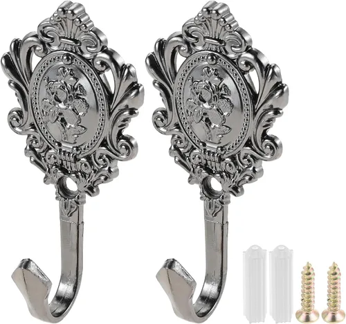 2 Piezas Ganchos de Pared Patrón Negro Tallado Vintage Cortinas Ropa Gancho para Llaves Baño Dormitorio Gancho Decorativo Multifunción con Tornillos
