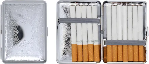 Miniatura 11 de Juego de 2 cajas de cigarrillos compactas chapadas en metal tamaño King con bandas elásticas (pergamino victoriano dorado)
