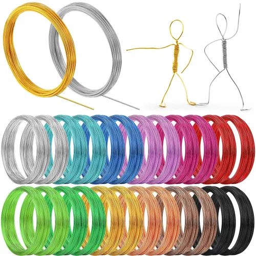Ferraycle - 25 rollos de cables de aluminio de color de 410 pies, 12 colores, calibre 20/0.031 in, alambre de cuentas florales artísticas de metal