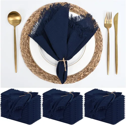 Miniatura 20 de Paquete de 12 servilletas de lino y algodón beige de 16 x 16 pulgadas, hechas a mano con flecos, servilletas de tela suave, lavables y rústicas