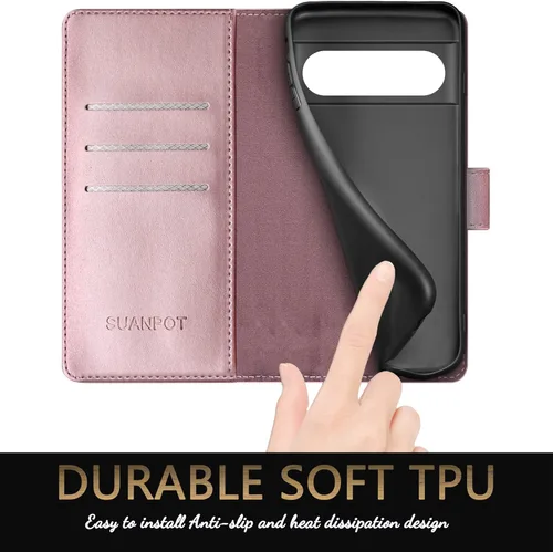 Miniatura 5 de SUANPOT Funda tipo cartera para Google Pixel 7 Pro 5G con bloqueo RFID, tarjetero de crédito, funda protectora de piel sintética con tapa para Oro
