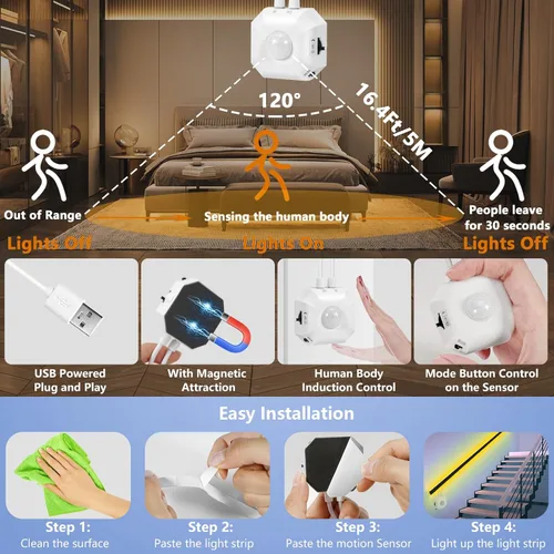 Miniatura 5 de Luz con sensor de movimiento para interiores debajo de la cama, tira de luces LED activadas por movimiento regulable de 16.4 pies para dormitorio