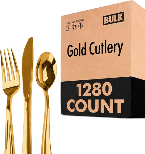 Miniatura 22 de Juego de cubiertos de plástico resistente (dorado) de 75 piezas, juego de cubiertos desechables, ideal para fiestas, bodas y catering, cubiertos