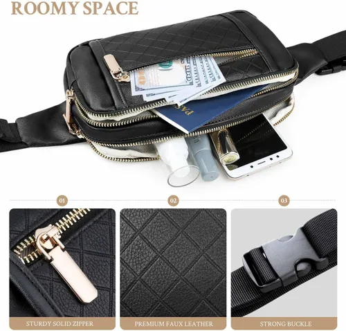 Miniatura 5 de Riñoneras para mujer, bolsa de cinturón de poliuretano de alta capacidad con correa ajustable, bolsa de cintura cruzada de moda para exteriores