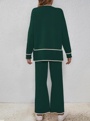 Miniatura 6 de SuperPrity Conjunto de 2 piezas de suéter para mujer, con cuello de muesca, manga larga, suéter de punto y pierna ancha