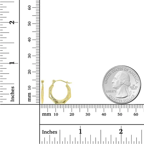 Miniatura 4 de Aretes de aro de oro amarillo macizo de 14 quilates con cierre de bisagra, bambú, texturizados, corte de diamante, hexagonal, cuadrado, redondo