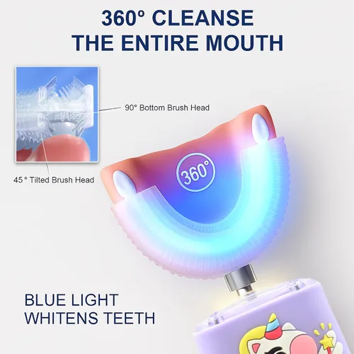 Miniatura 5 de Cepillo de dientes eléctrico en forma de U para niños pequeños con 5 cabezales de cepillo, diseño de unicornio de dibujos animados, limpieza de boca