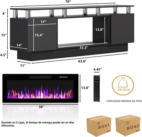 Miniatura 7 de Soporte de TV con chimenea de 36 pulgadas, soporte de TV negro de 70 pulgadas para sala de estar, moderno soporte de TV con chimenea eléctrica