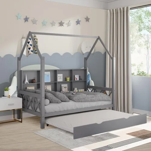 Cama Full House con nido y estante de almacenamiento para niños, marco de cama de madera tamaño full con barandillas del techo y cabecero de