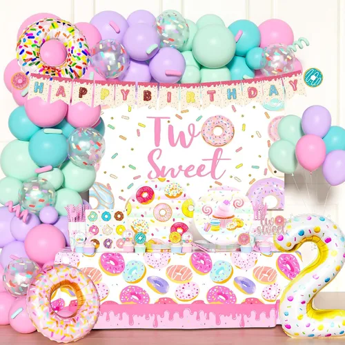 Hombae Dos dulces decoraciones de fiesta de cumpleaños, suministros de dona para 2ª fiesta, telón de fondo, globo, mantel con platos, servilletas,