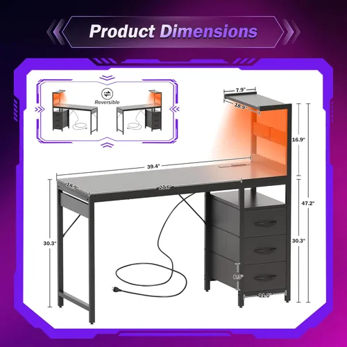 Miniatura 3 de YOUDENOVA 40 Inch Gaming Computer Desk with Led Lights, Small Desk with Storage Shelves and Drawers, Reversible Compact Gamer Table for Home Office