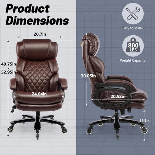 Silla de oficina grande y alta de 800 libras para personas pesadas, silla ejecutiva resistente con respaldo alto, asiento extra ancho y lumbar Marrón
