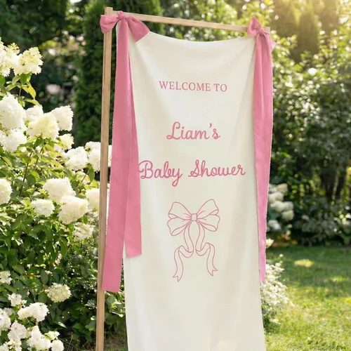 Letrero de bienvenida personalizado para baby shower, pancarta vertical de poliéster, nombre personalizado, diseño de lazo rosa, decoración de