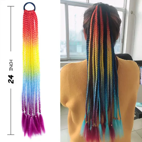 Miniatura 4 de Extensiones de cabello con trenzas de colores con bandas de goma, extensiones sintéticas trenzadas arco iris, accesorios para el cabello de cola