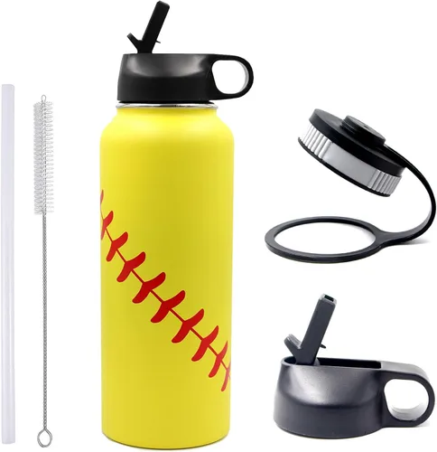 Miniatura 32 de Botella de agua de baloncesto de 12 onzas, botella de agua deportiva aislada al vacío de acero inoxidable con popote y 2 tapas, botella de agua