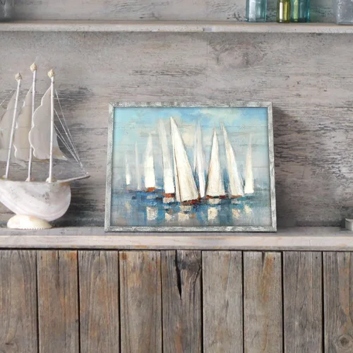 Miniatura 4 de Pintura enmarcada de paisaje marino: arte abstracto del océano, imagen costera, impresiones de veleros en madera en estilo moderno para decoración