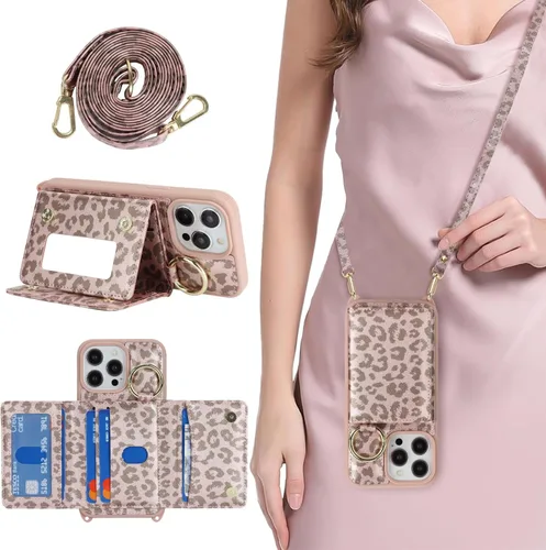 Miniatura 36 de Funda para iPhone 14 Plus con tarjetero y correa para mujer, cordón cruzado, espejo de maquillaje, soporte de anillo, cierre a presión, bonitas Rosa