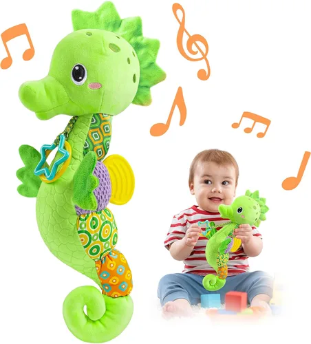 LIGHTDESIRE Juguetes musicales para bebés de caballito de mar, juguetes de peluche para bebés con crujido y sonajeros, juguetes sensoriales suaves