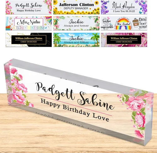 Miniatura 25 de Placa de nombre personalizada para escritorio, placas de nombre personalizadas para hombres y mujeres, diseño de girasol con logotipo de negocios