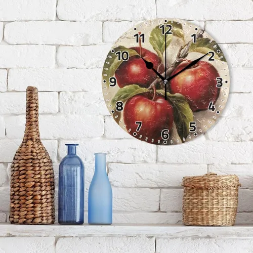 Miniatura 3 de Reloj de pared sin tictac de 10 pulgadas – Reloj redondo silencioso de cuarzo con pilas de manzanas vintage para el hogar, oficina, cocina, aula