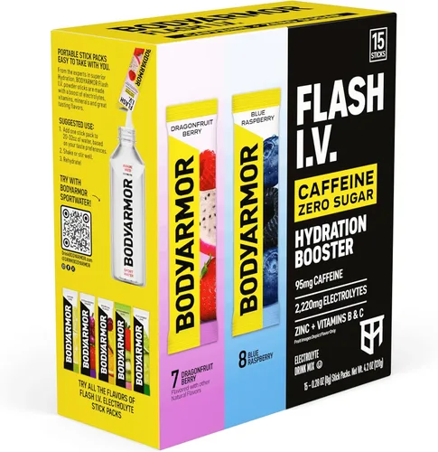 Miniatura 3 de BODYARMOR Paquetes de electrolitos Flash IV con cafeína, paquete variado de frambuesa azul y bayas de dragón, mezcla de bebida energética sin