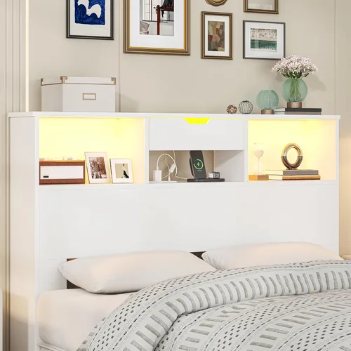 Cabecero para cama tamaño Queen con estante de almacenamiento y cajones, cabeceros profundos de madera con estación de carga y luces LED, cabecera