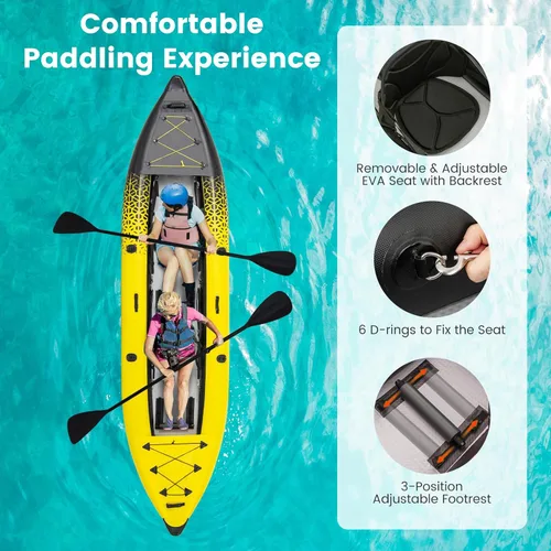 Miniatura 4 de GYMAX Kayak inflable, kayak tándem de 12.5 pies y 507 libras con 2 remos de aluminio, 2 asientos acolchados, reposapiés, 2 aletas, bomba de mano