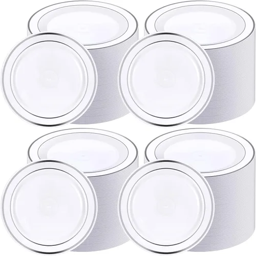 Miniatura 8 de Sieral 200 platos desechables de plástico para fiestas con borde de plástico duro, aperitivo, ensalada, postre de 7.5 pulgadas, elegante vajilla
