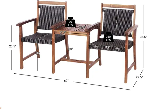 Miniatura 7 de HAPPYGRILL Patio Bistro - Juego de sillas de madera de acacia con mesa auxiliar, banco de mimbre de ratán 3 en 1 con agujero para sombrilla