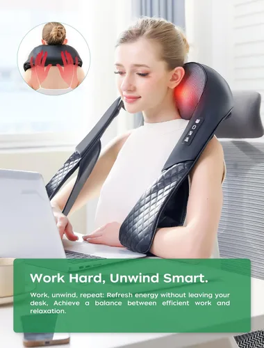 Miniatura 6 de Masajeador Shiatsu inalámbrico de cuello y espalda con calor para aliviar el dolor de tejido profundo, almohada eléctrica recargable 4D de masaje