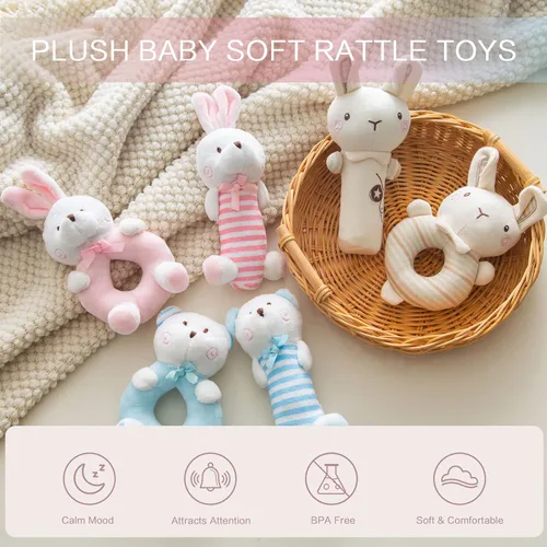 Miniatura 4 de Sonajero suave de peluche para bebé, sonajero de oso azul para bebés, primer juego de sonajero de peluche para recién nacidos, juguetes sensoriales