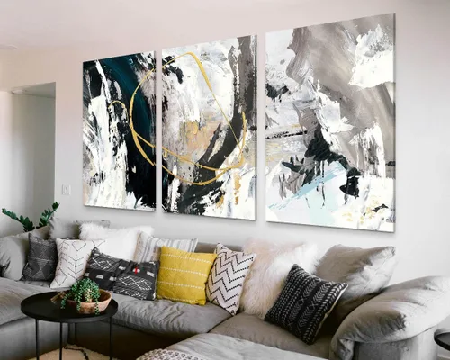 Miniatura 3 de GIFTTWART Arte abstracto de gran tamaño para pared, pintura en lienzo negro, blanco y dorado con aspecto texturizado para decoración de sala