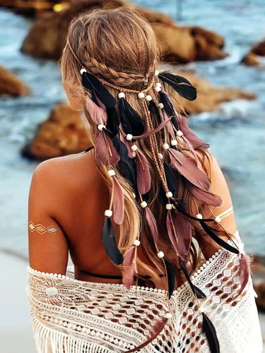 Miniatura 6 de CAKURE Diadema de plumas bohemias, diadema gitana, diadema hippie india, accesorios para el cabello para mujer