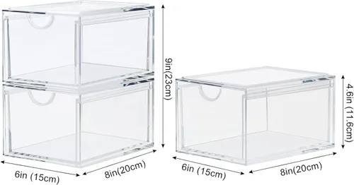 Miniatura 3 de CECOLIC Paquete de 2 cajones organizadores de cosméticos apilables, caja organizadora de maquillaje de acrílico transparente, contenedores