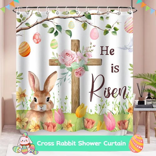 Miniatura 6 de Cortina de ducha de Pascua para baño, cortina de ducha de Pascua con conejo cruzado, 71 x 71 pulgadas, cortina de ducha de resorte de conejo de tela