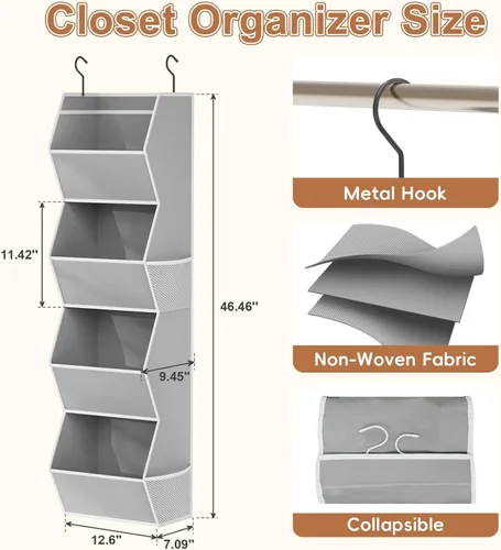 Miniatura 3 de Organizador colgante de armario de 4 estantes plegables para dormitorio, organizador de armario y almacenamiento colgante con bolsillos de malla