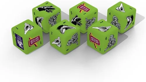 Miniatura 2 de Juego de dados Beetlejuice Dados coleccionables D6 con personajes de Beetlejuice – Andy y Barbara Maitland, gusano de arena, signo de Beetlejuice