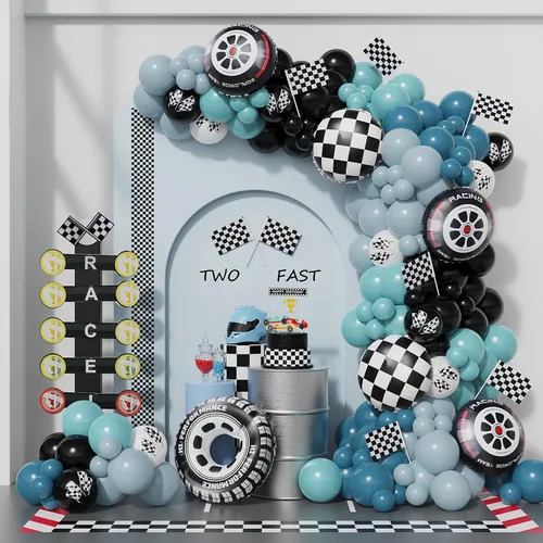 Kit de Arco de Guirnalda de Globos de Auto de Carreras 166PCS Azul Polvoriento Negro Globos de Látex Rueda Globos de Papel Aluminio a Cuadros para
